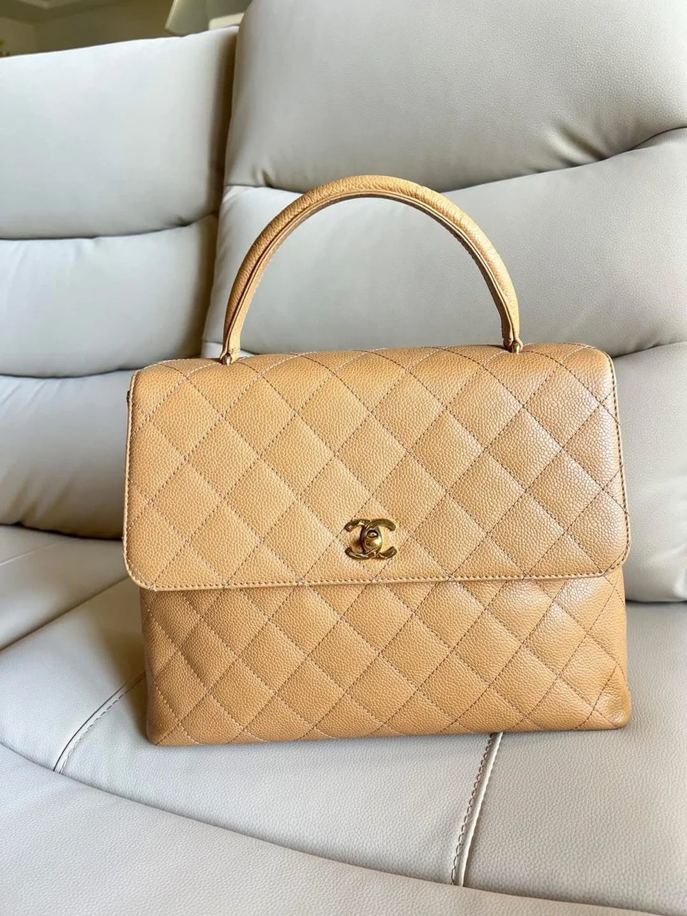 CHANEL Kelly Top Handle Bag Camel Caviar Leather